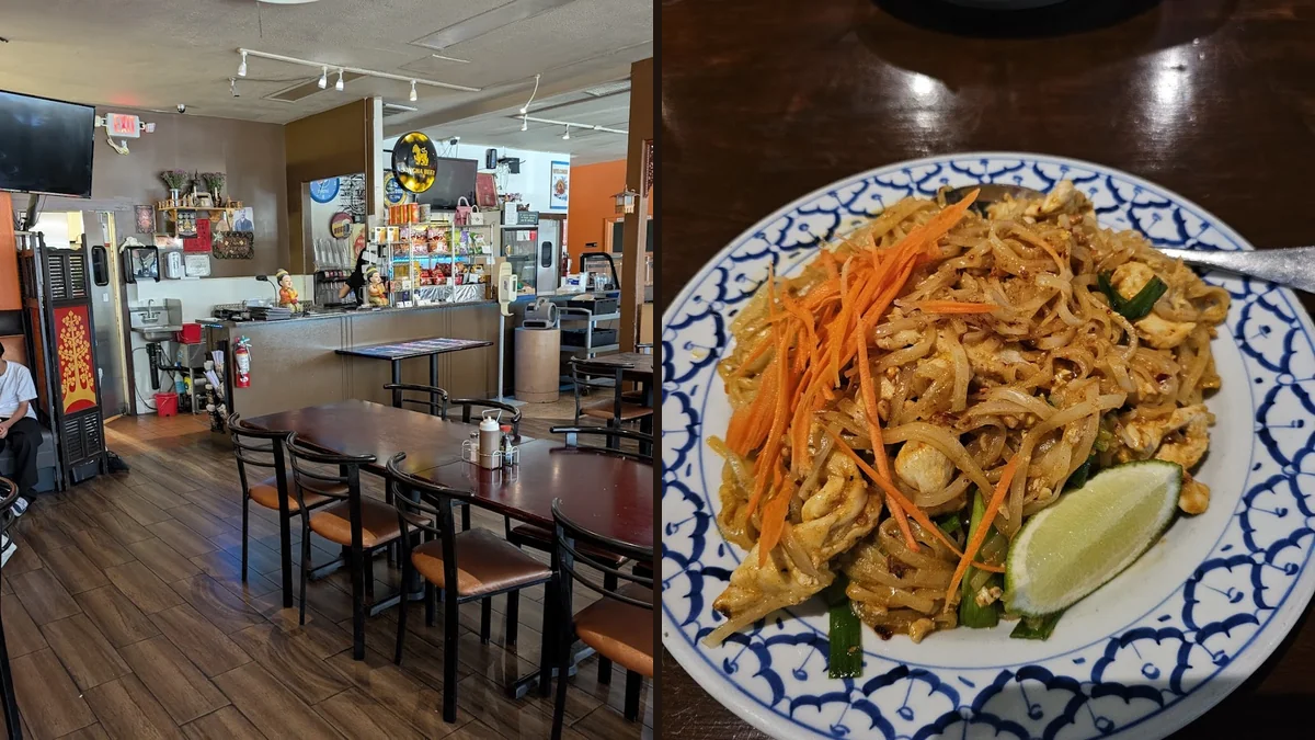 Simple strip-mall dining room with table service.