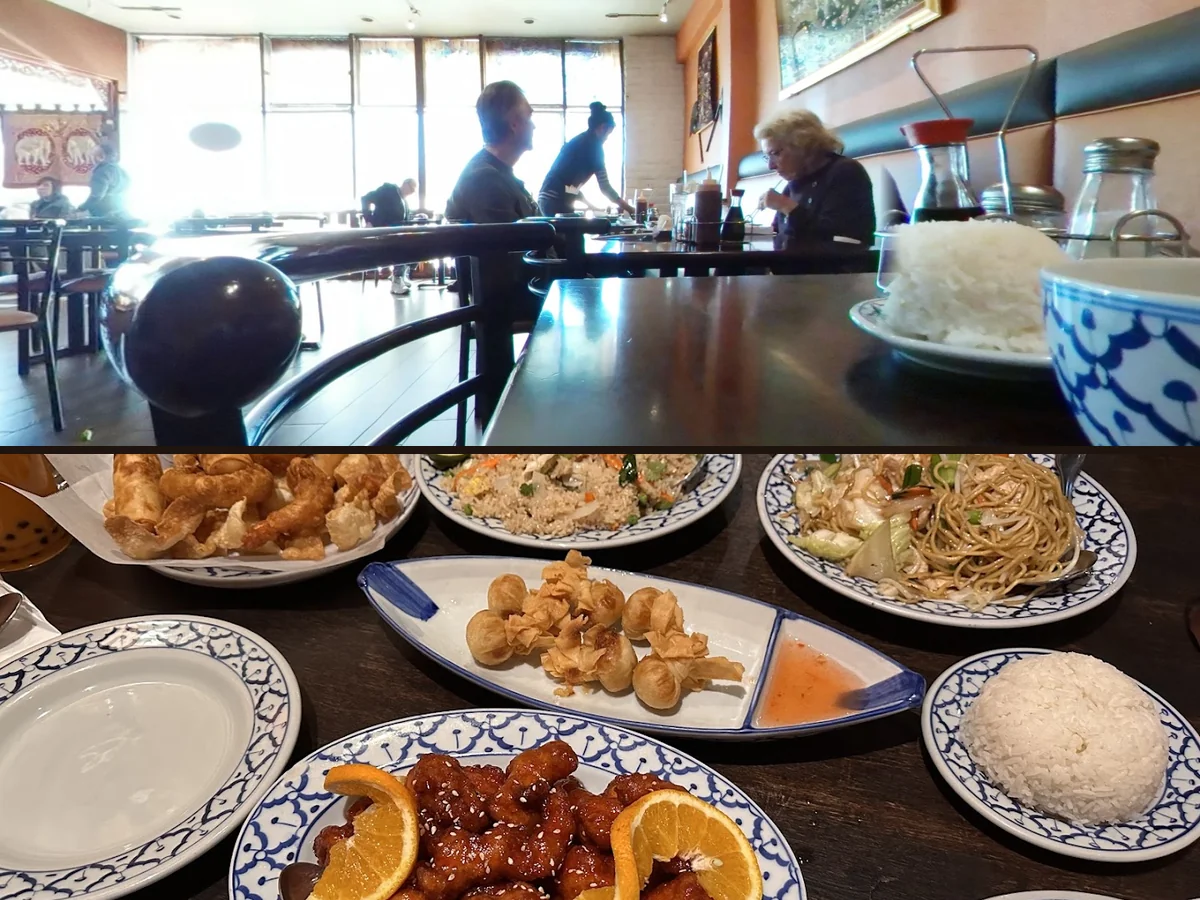 Simple strip-mall dining room with table service.