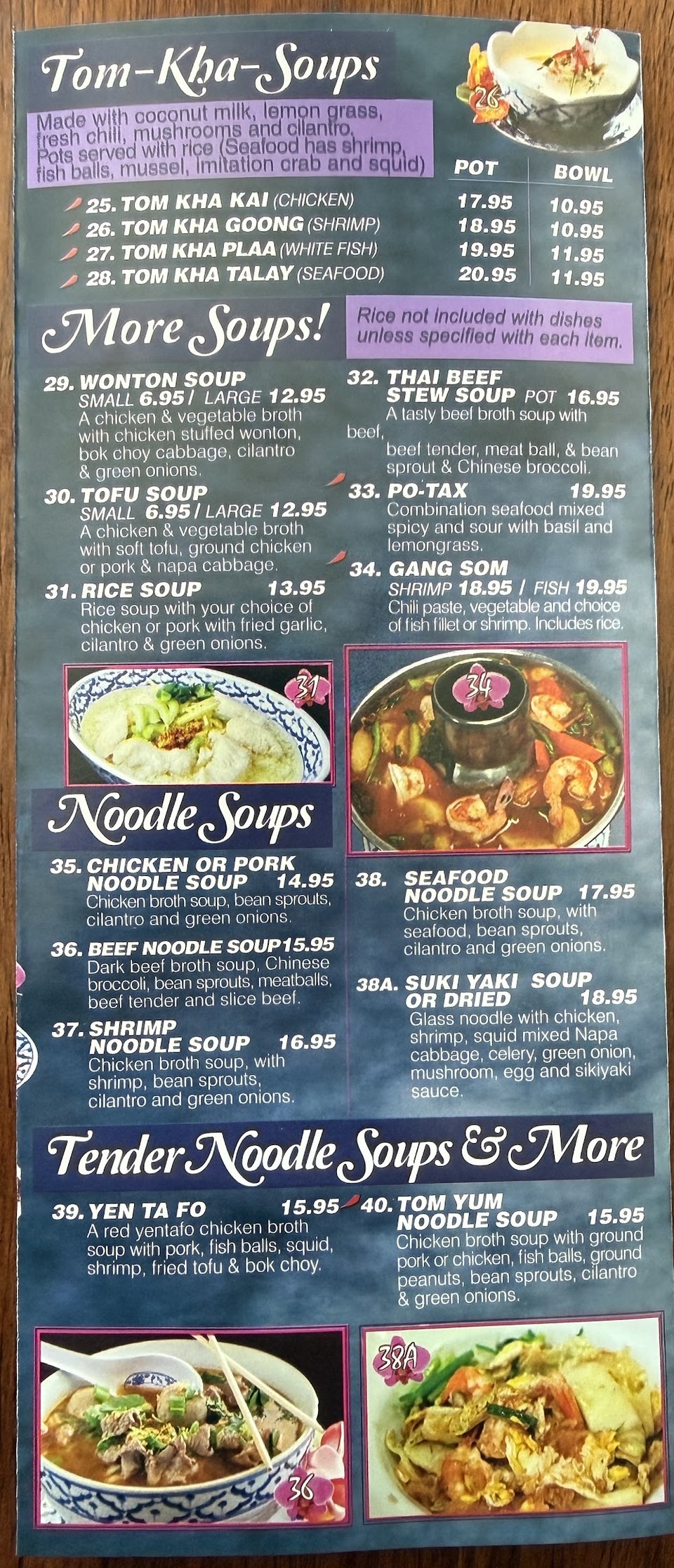 Printed Thai menu with curries and noodle dishes.